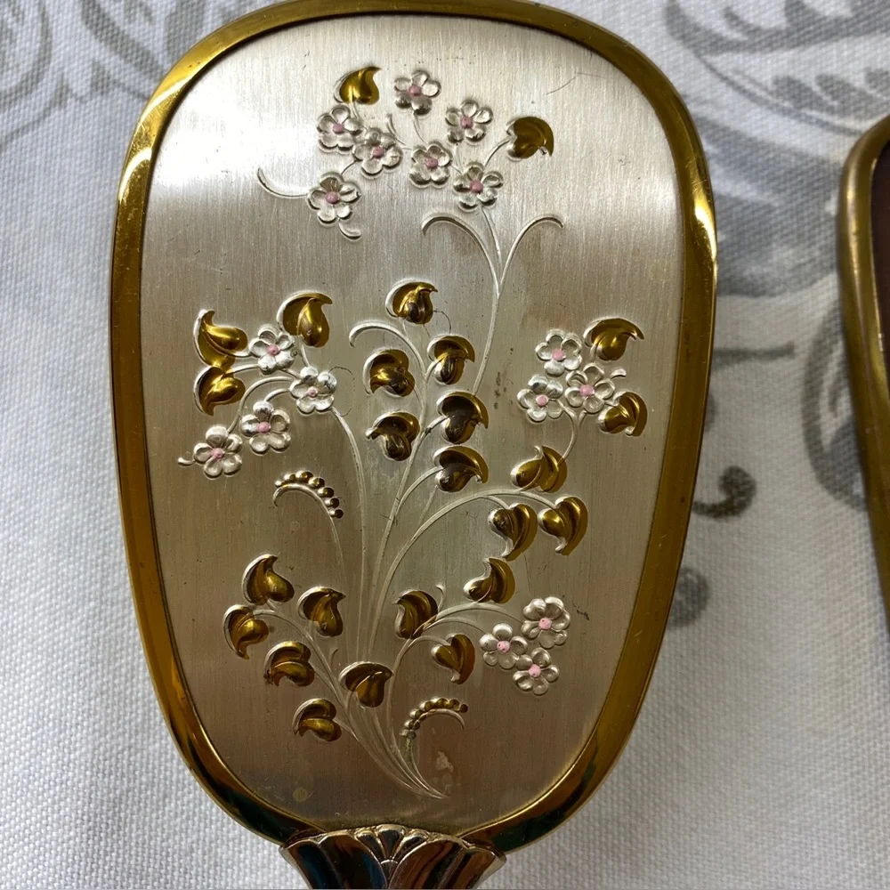 Vintage Brush &‎ Mirror Victorian Stvle Gold Silver Color Floral Etched Vanity